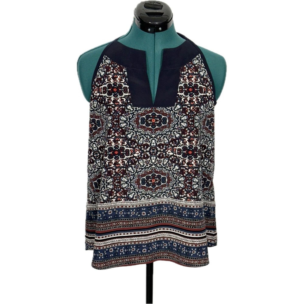 Athleta Medallion Dunes Halter Tank Top Split Neck Tie Back Tassel S Blue 708302